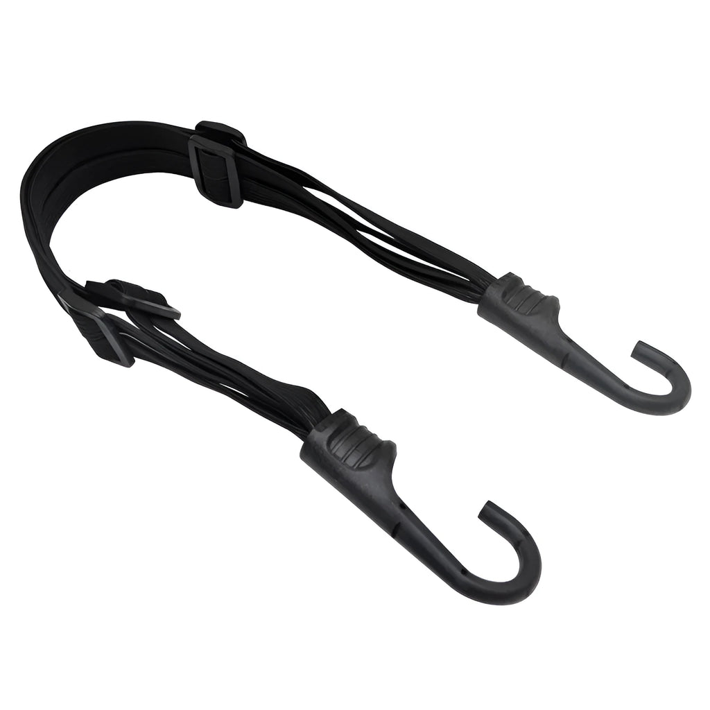 Black retractable motorcycle helmet strap with two metal hooks on a white background