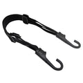 Black retractable motorcycle helmet strap with two metal hooks on a white background