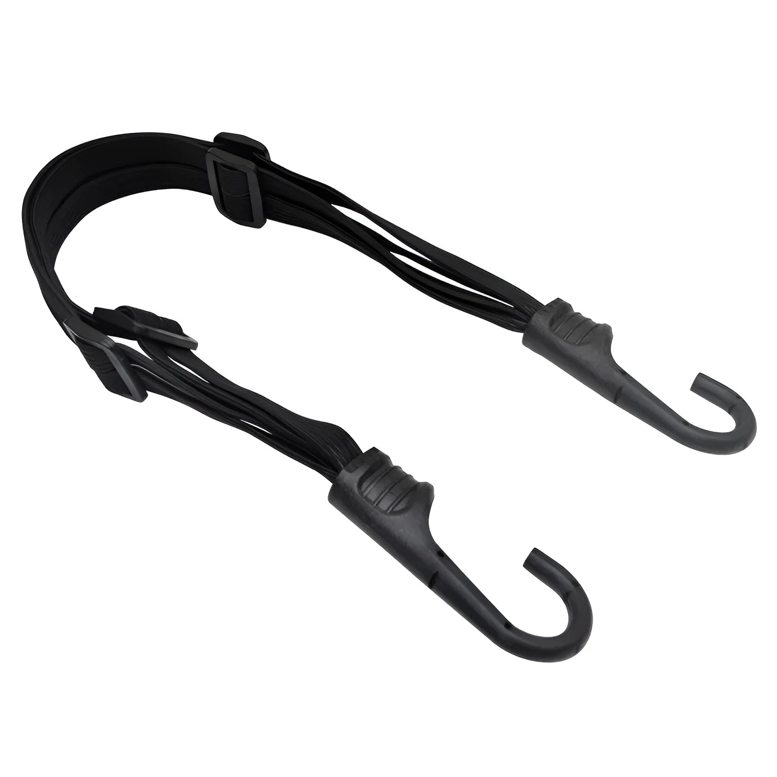 Black retractable motorcycle helmet strap with two metal hooks on a white background