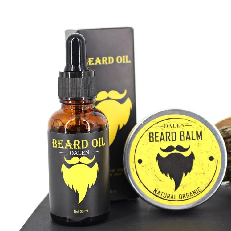 Beard Care Kit 6-piece set with beard cream, beard oil, peach wood comb, bristle brush, scissors, and linen bag on a wooden surface