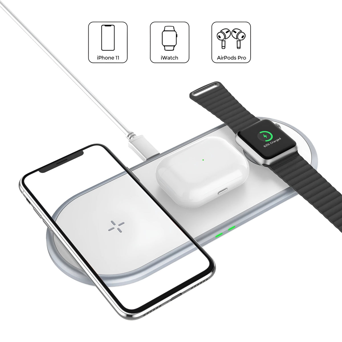 3 in 1 wireless charger in black or white, 21 x 8.5 x 0.8cm, with dual coil pad for iPhone, Apple Watch and AirPods
