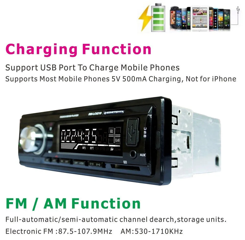 Car Bluetooth stereo receiver with front panel showing USB, SD card slots, and auxiliary input port