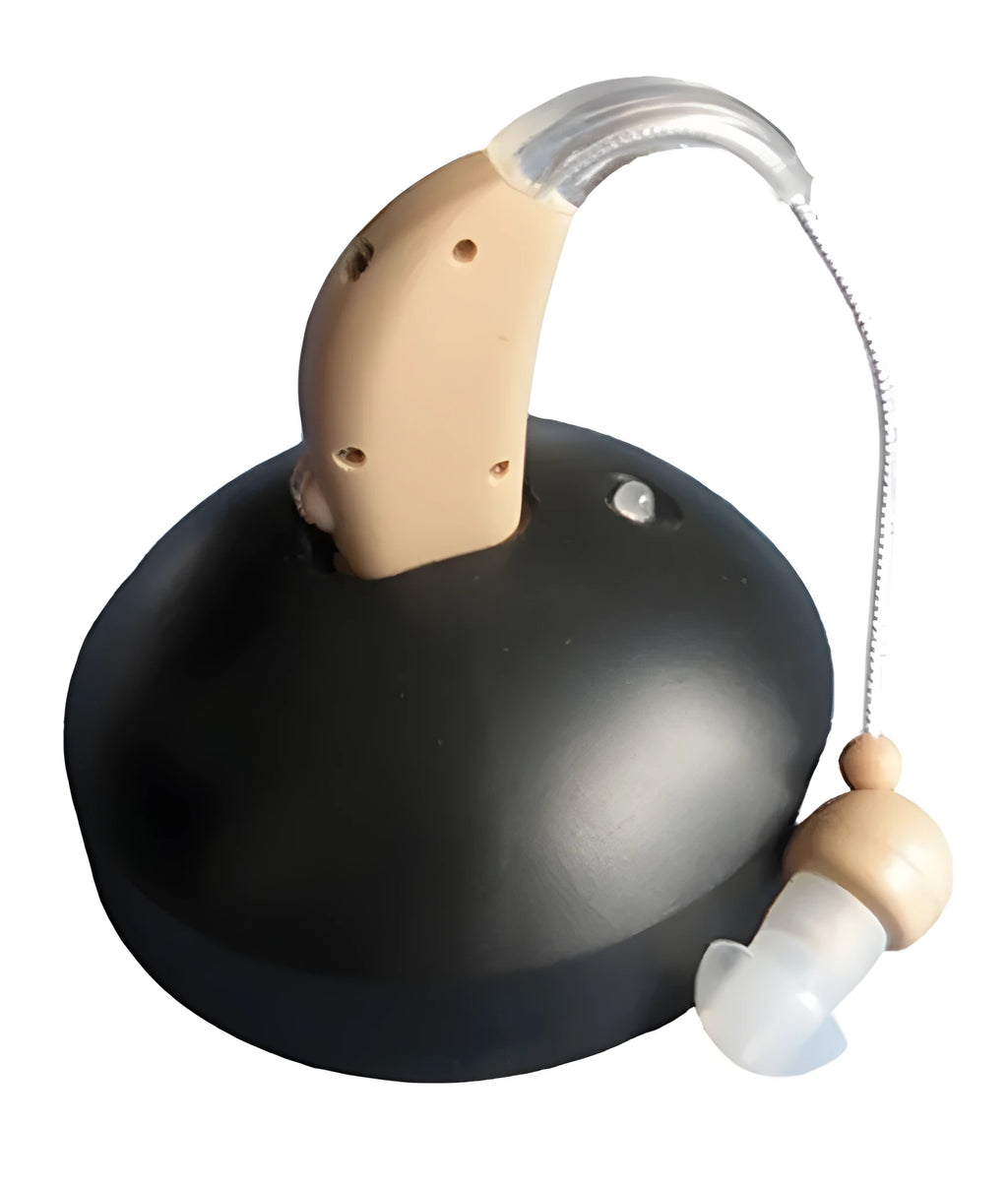 Compact white rechargeable behind-the-ear digital hearing amplifier device with plastic housing.