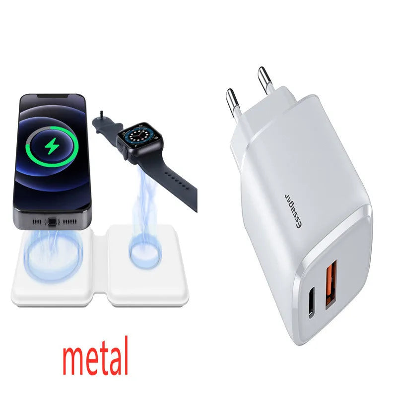 White foldable magnetic wireless charging dock showing two phones charging simultaneously.