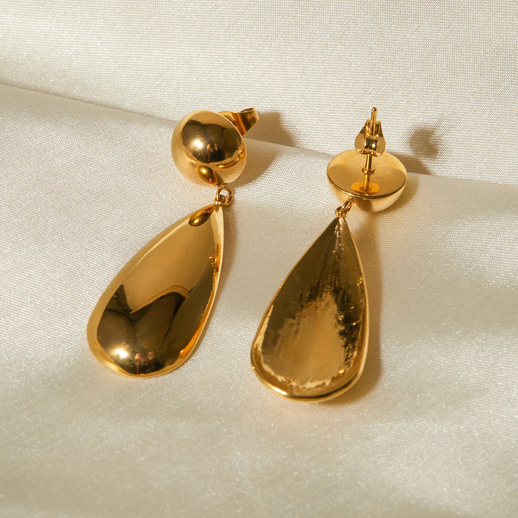 Gold electroplated stainless steel hemisphere earrings with water drop pendant design for women