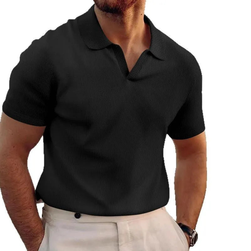 Men's slim-fit waffle weave t-shirt with lapels collar in solid colours