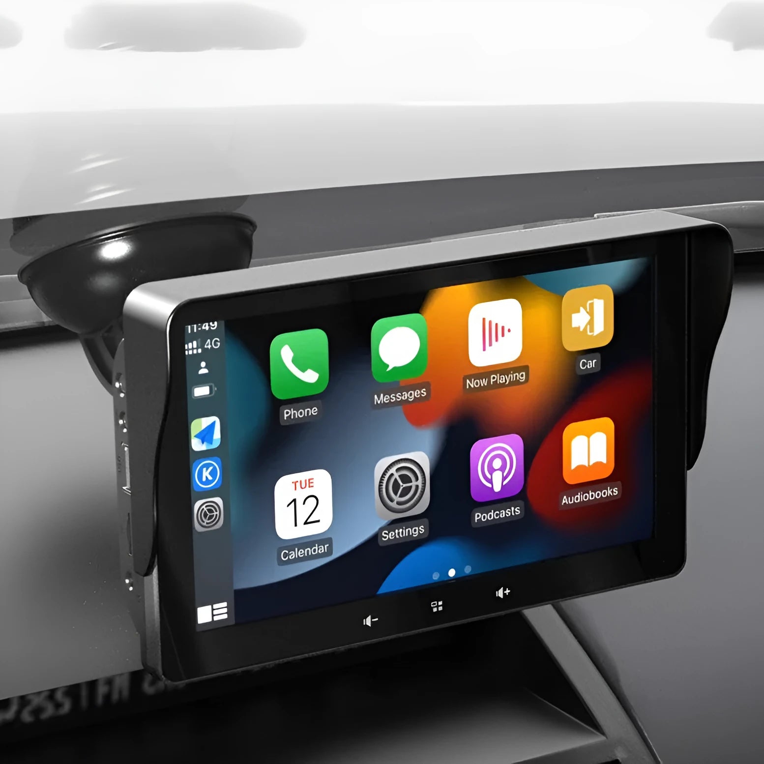 7 inch universal wireless CarPlay display with cigarette lighter power adapter and suction cup mount