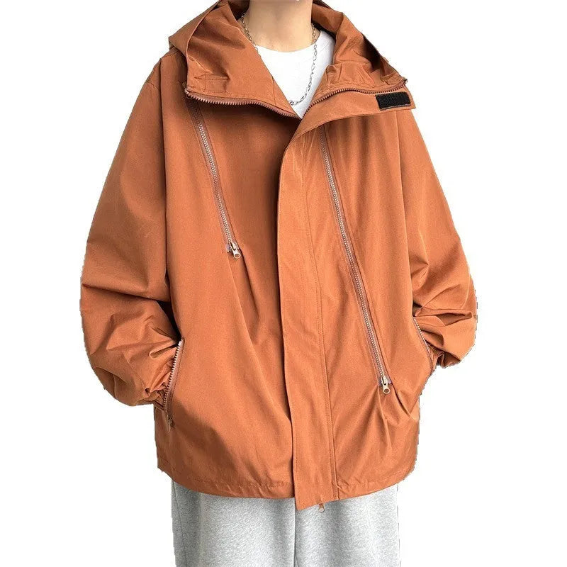 Men's autumn waterproof windproof shell jacket in solid colour with long sleeves and side pockets