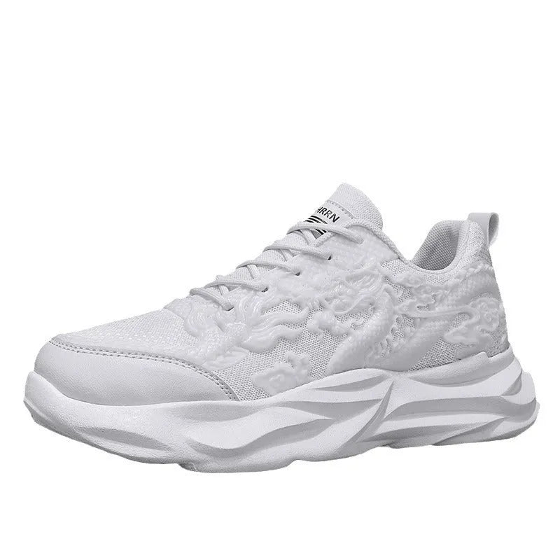 Fly knit casual sneakers in Chinese dragon colourway with micro fibre uppers and rubber soles