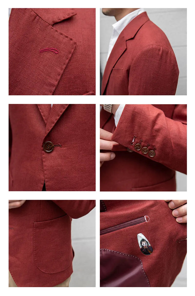 Pure linen men's slim fit double-breasted suit jacket in white or wine red, long sleeve, sizes M to 3XL