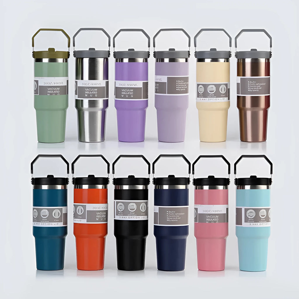 30oz insulated stainless steel tumbler in dark pink with handle cover and splash-proof lid