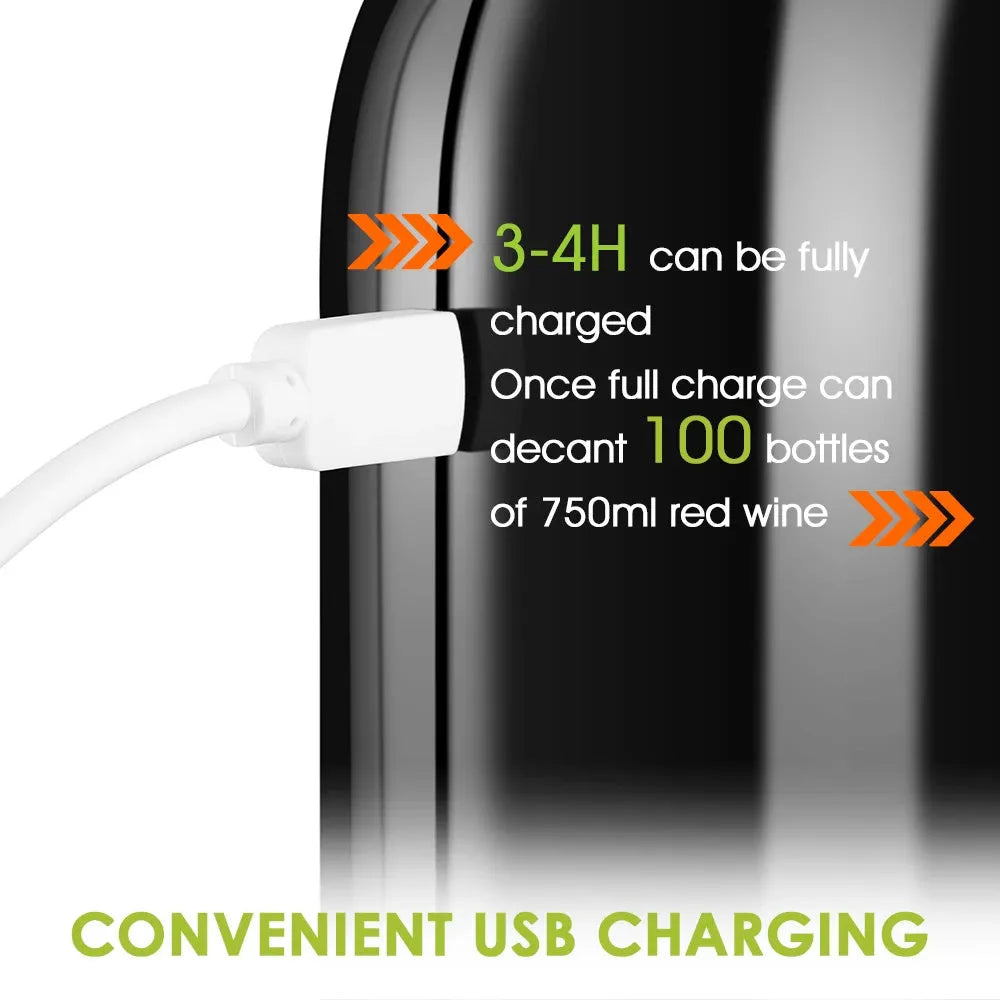 Portable electric wine decanter in black, red, or white with automatic pourer and red light.