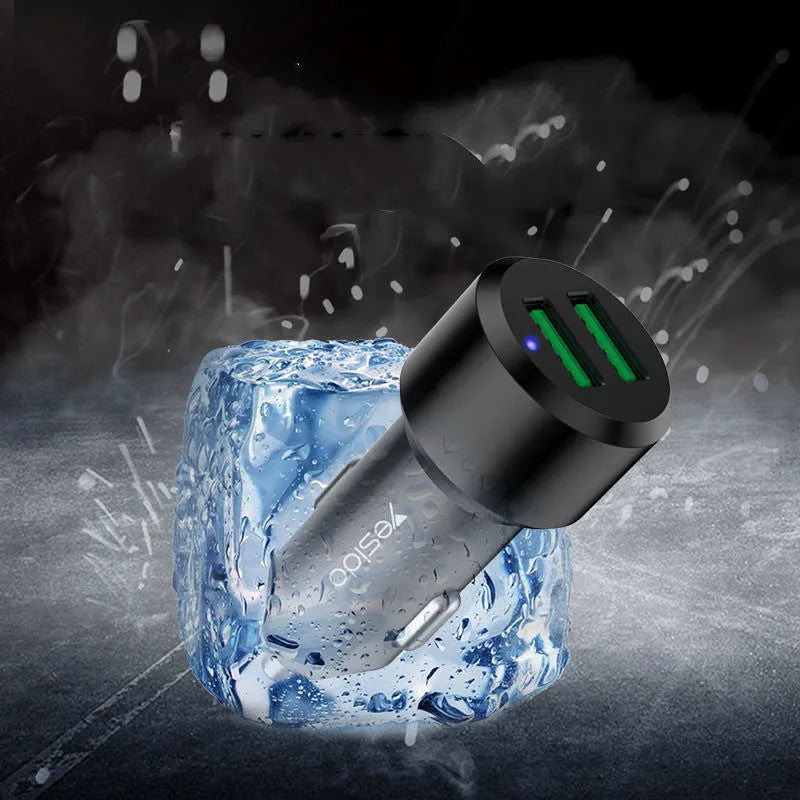 Black dual USB car charger with QC3.0 fast charge output and aluminium alloy body