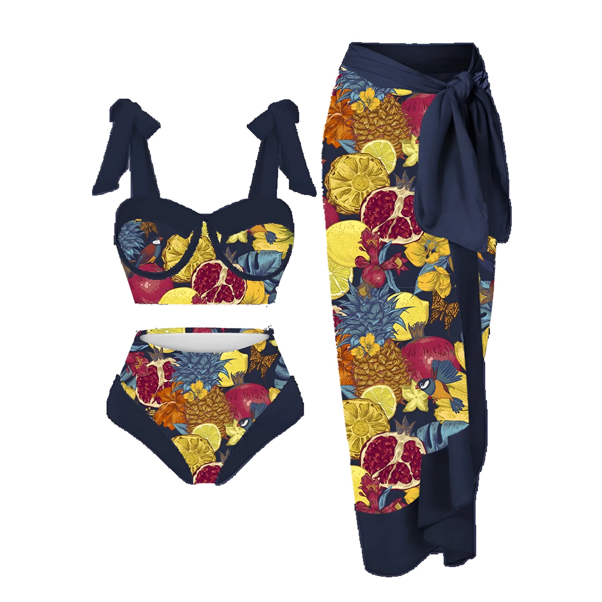 Women's printed split swimsuit three-piece set showing bra, skirt, and panties in floral pattern