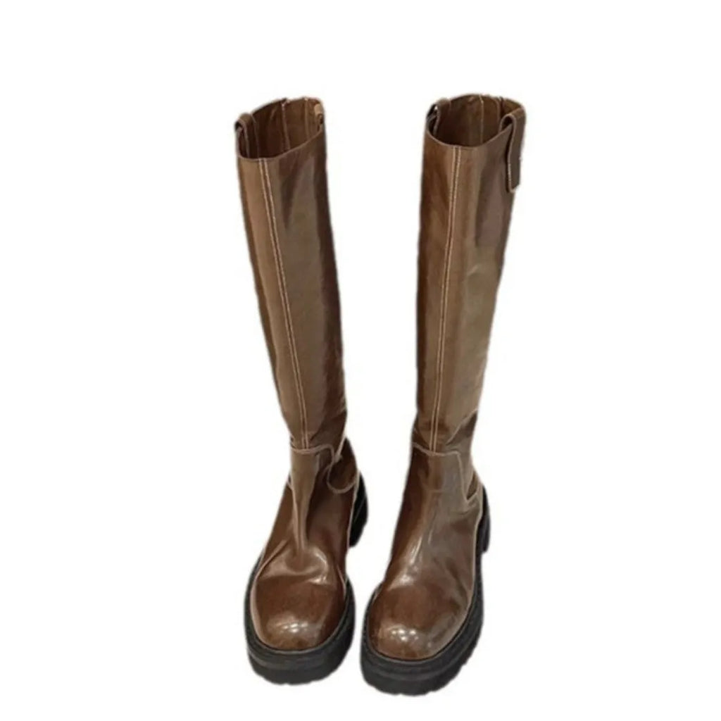 Black round toe knight boots with chunky heel, high tube design, and a back zipper.