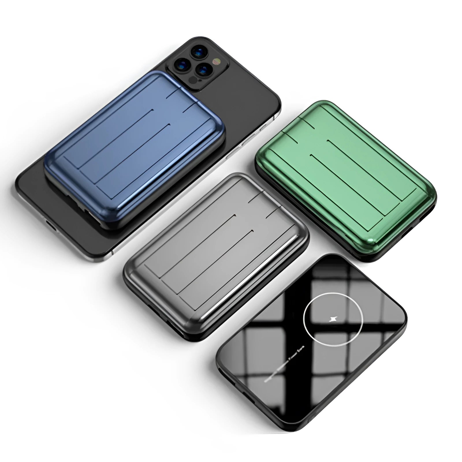 Blue 15W wireless magnetic power bank with 5000mAh capacity next to a smartphone