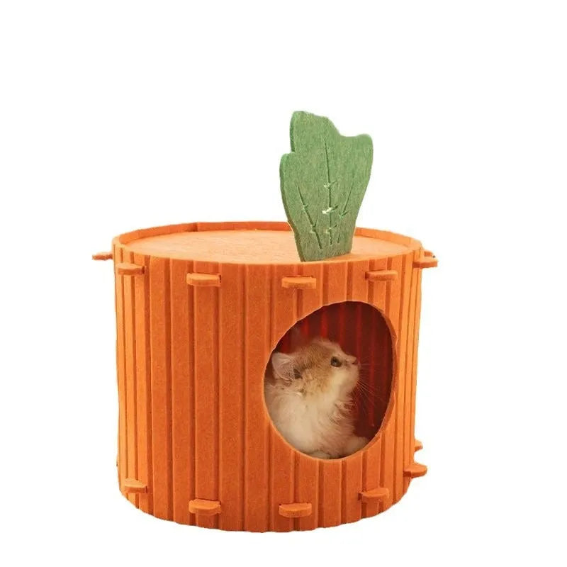 Orange felt carrot-shaped cat nest with a round tunnel entrance, shown in medium and large sizes.