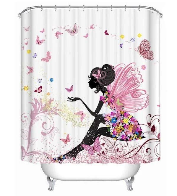 Vibrant Afro-urban printed shower curtain with modern building and African girl design