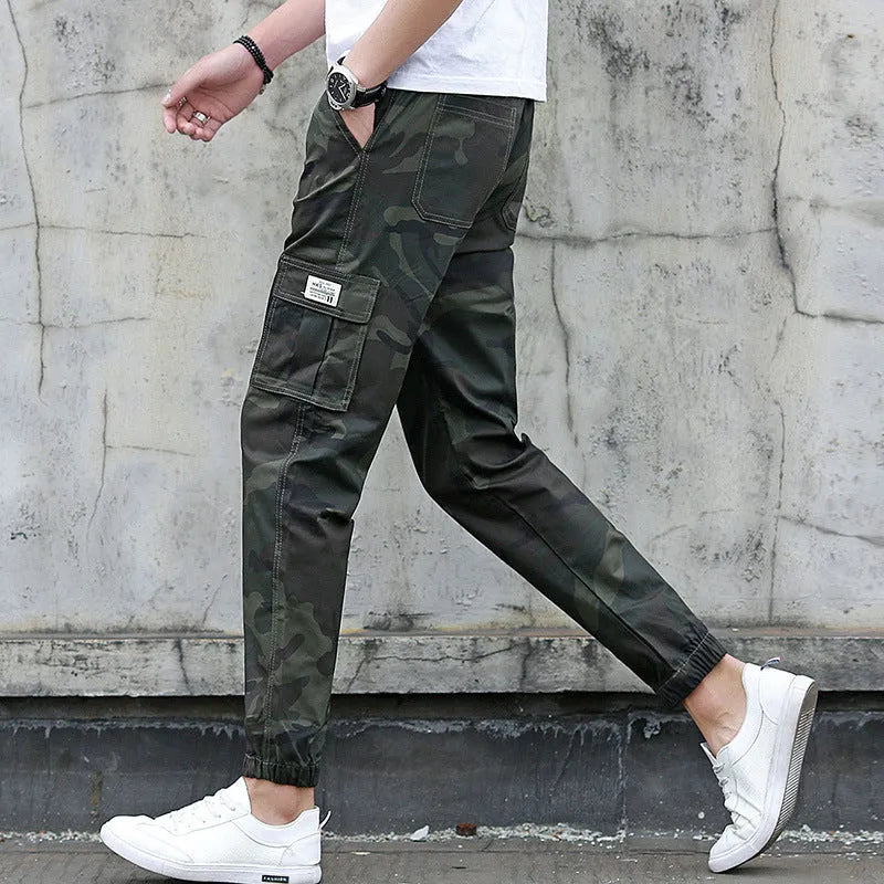 Men's camouflage multi-pocket nine-tenths cargo pants with elastic waist in army green colour