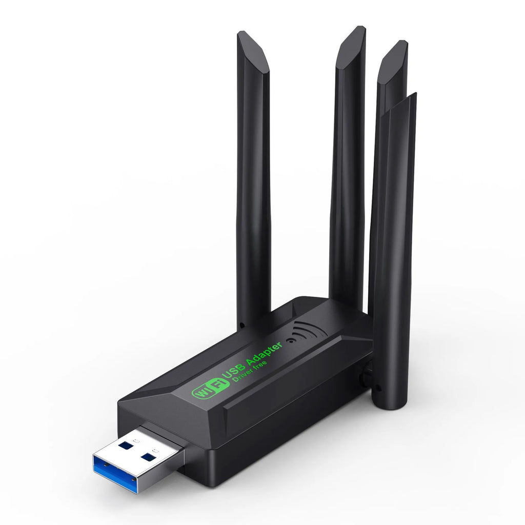 Black USB WiFi network transmitter dongle with four extended external antennas.