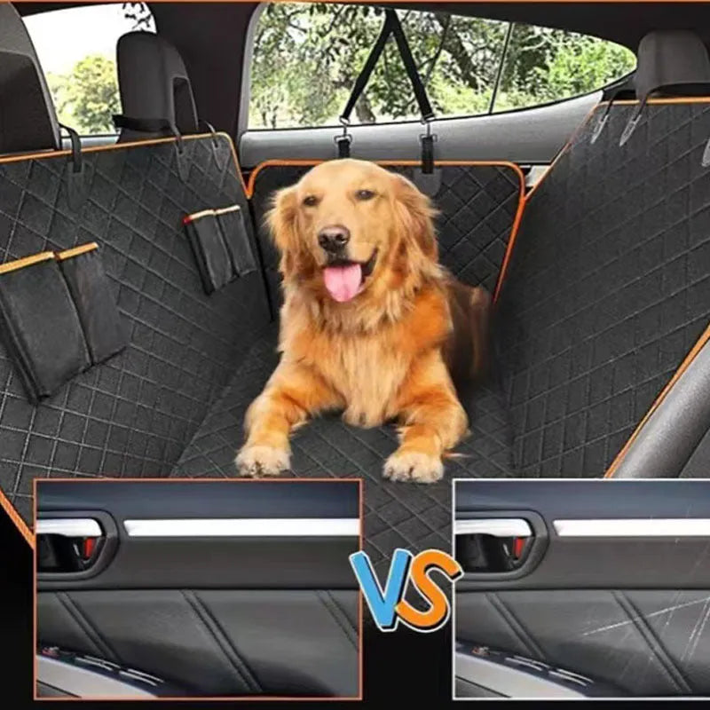 Oxford cloth car pet mat in orange edge double pocket design placed on rear seat