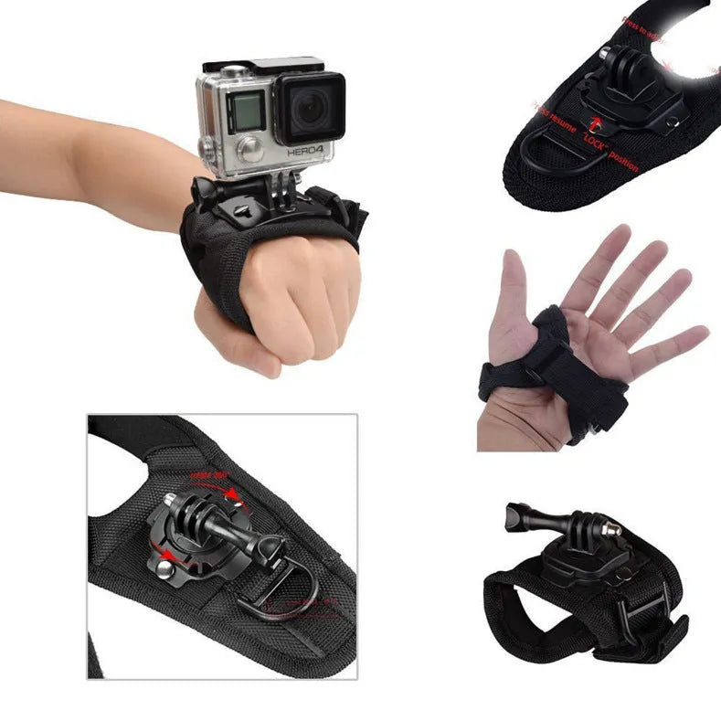 Black GoPro wrist strap with 360-degree rotating camera mount and back cushion