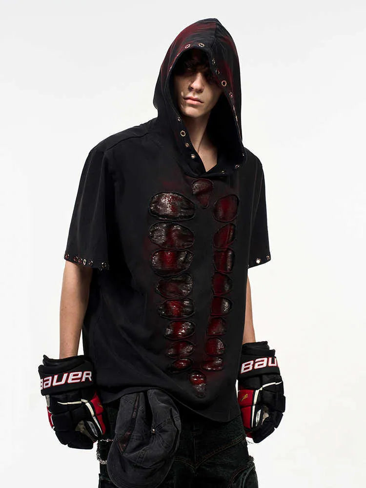 Black men's hooded sequin T-shirt loose fit short sleeves