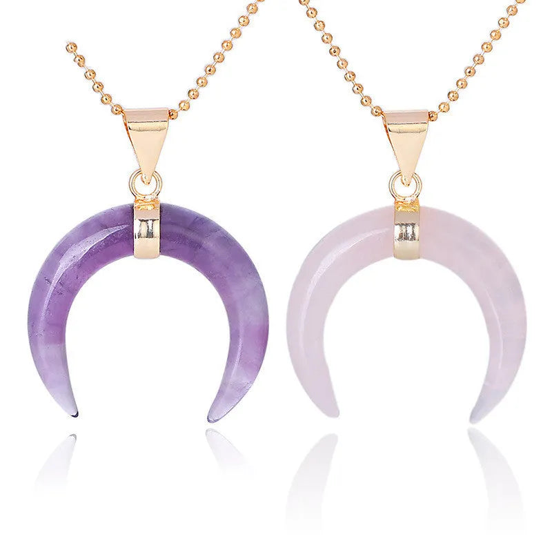 Crystal moon pendant necklace with natural stone on electroplated copper chain in pink or purple colour options