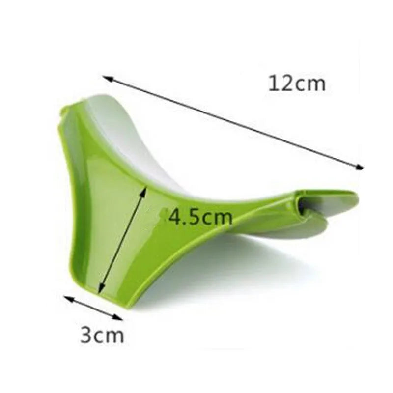 Green silicone clip-on kitchen funnel for pouring liquids into round pots.