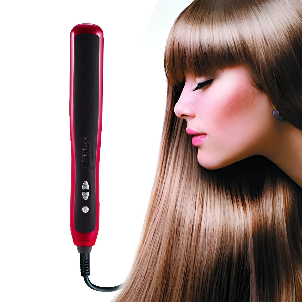 Red automatic adjustable temperature hair straightener with ceramic heating tube and 360 degree rotatable wire