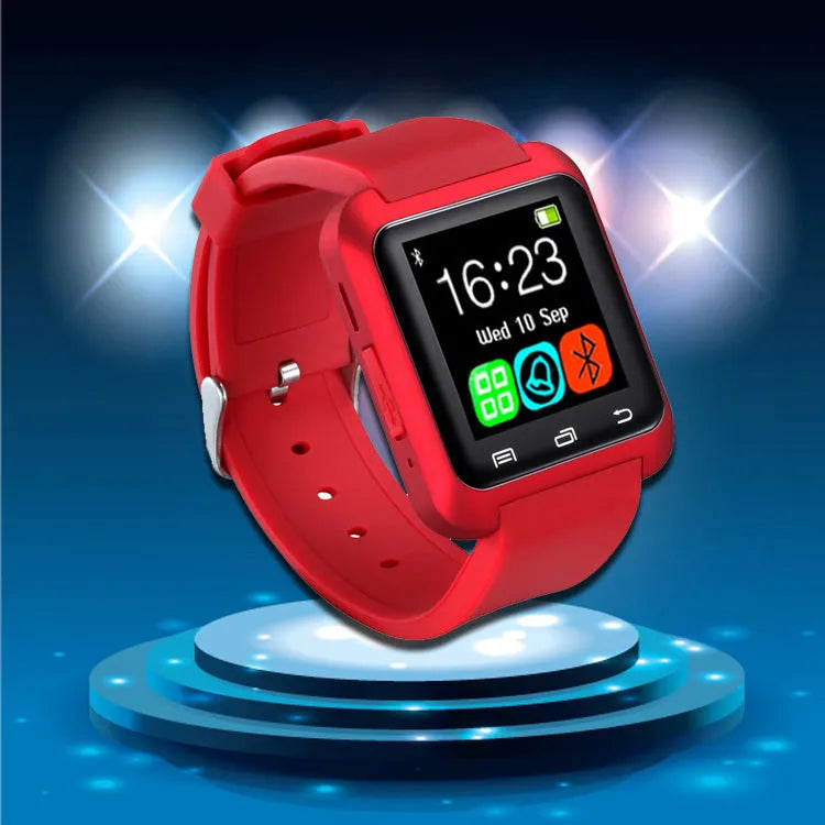 U8 Smart Bluetooth Watch in black, red, or white, showing simple three-dimensional design on wrist.