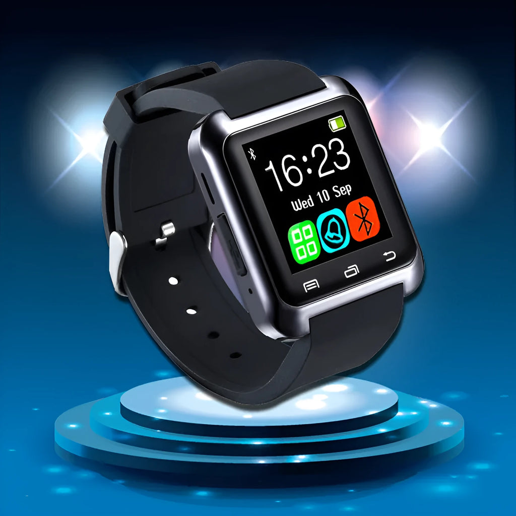 U8 Smart Bluetooth Watch in black, red, or white, showing simple three-dimensional design on wrist.