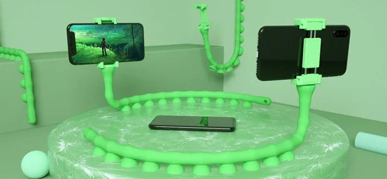 Flexible worm design mobile phone holder with suction cup mount showing 62cm length and black colour option