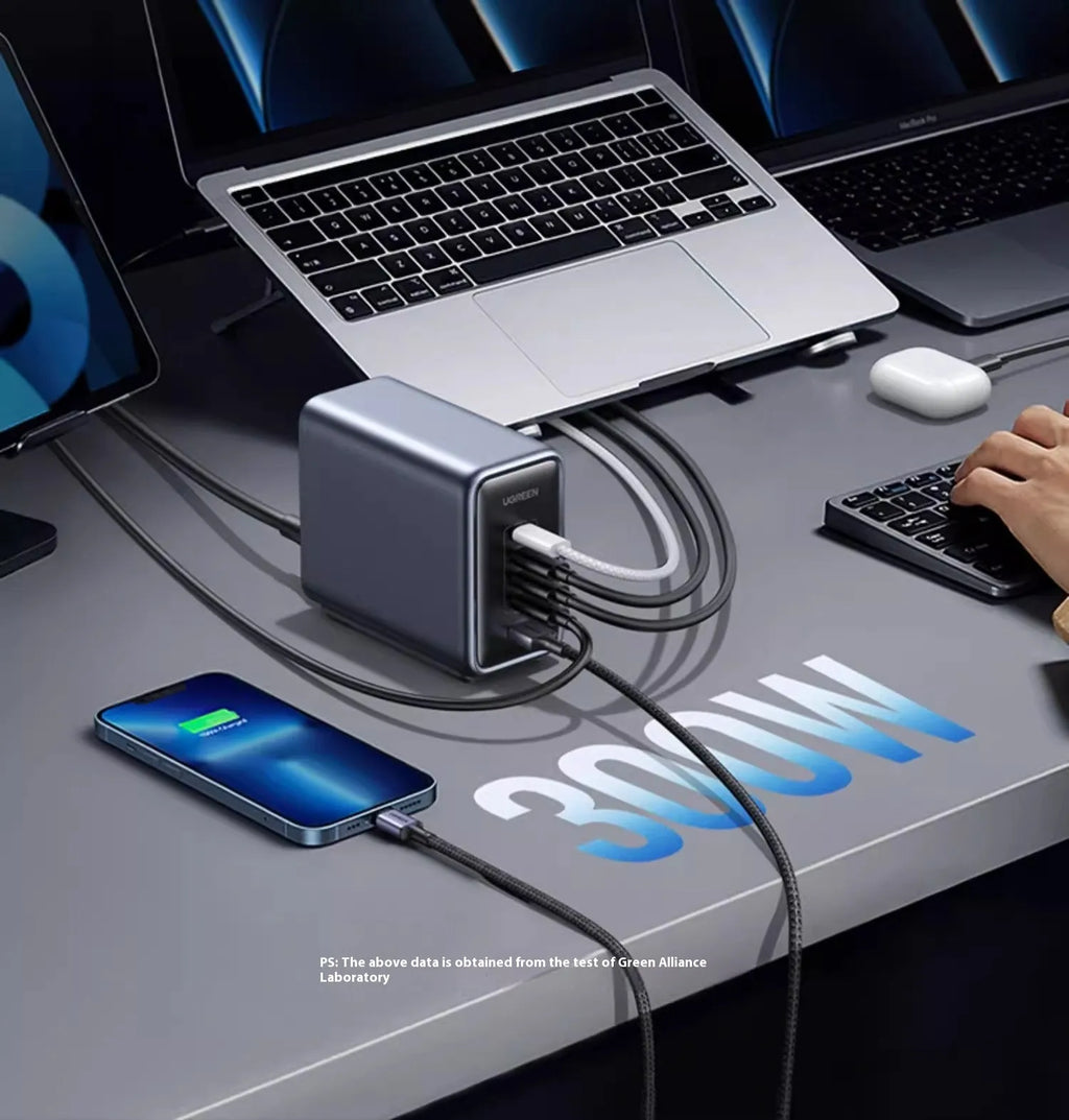 300W charging notebook charger head in Business Gray with 4C 1A interfaces, includes power cord and dual USB-C cable
