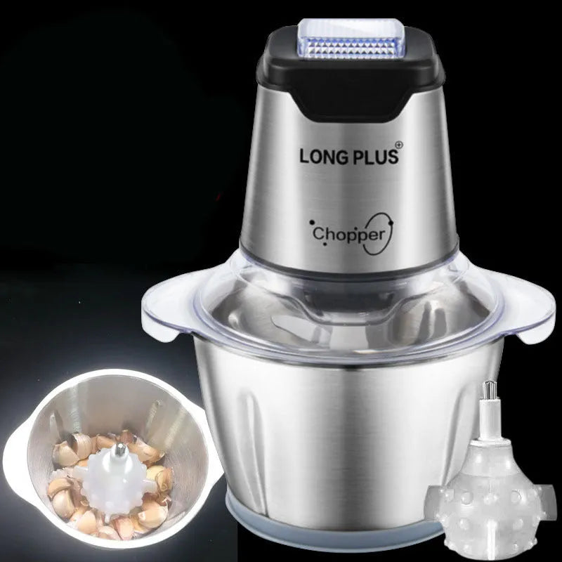 LONG PLUS electric meat grinder and garlic peeler appliance on a kitchen countertop.