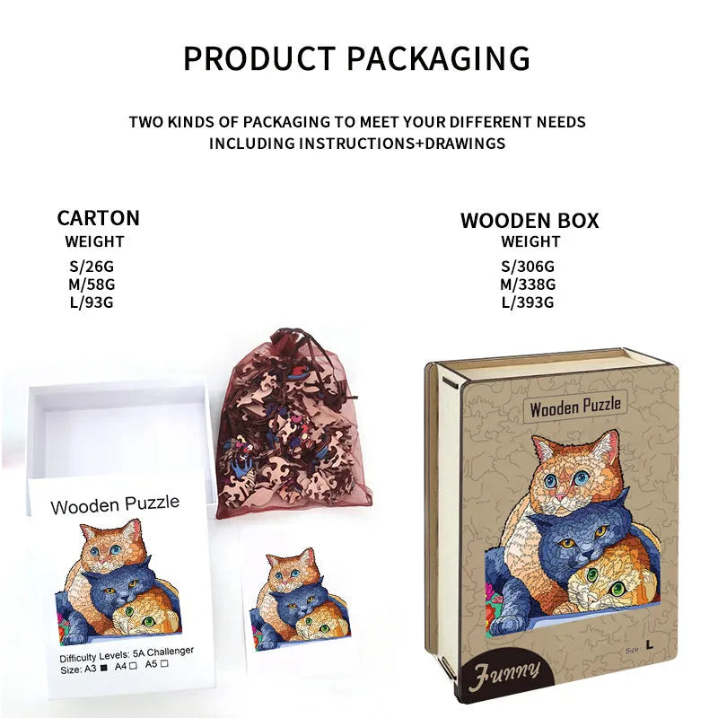 Irregular wooden animal puzzle toy with printed illustrations in paper box packaging