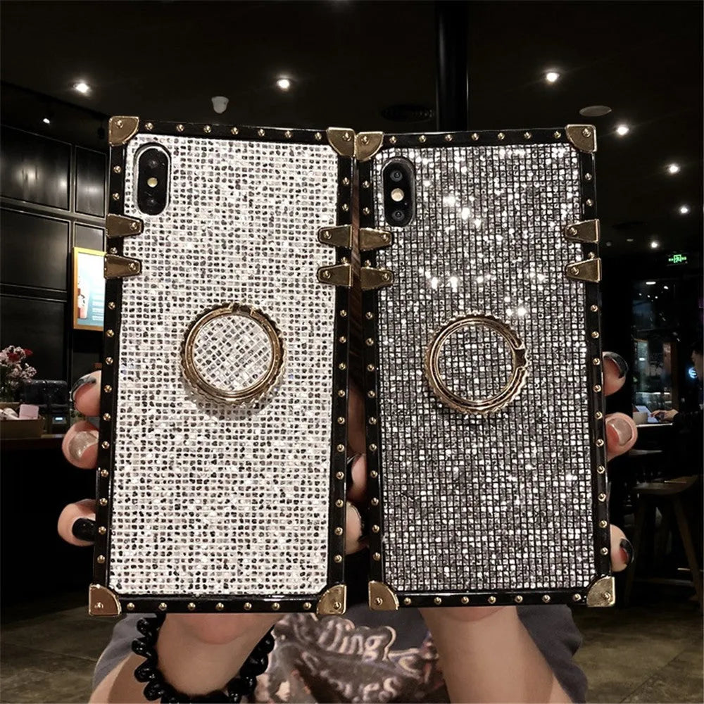 Square TPU mobile phone case with flash diamond bracket design in four colour options