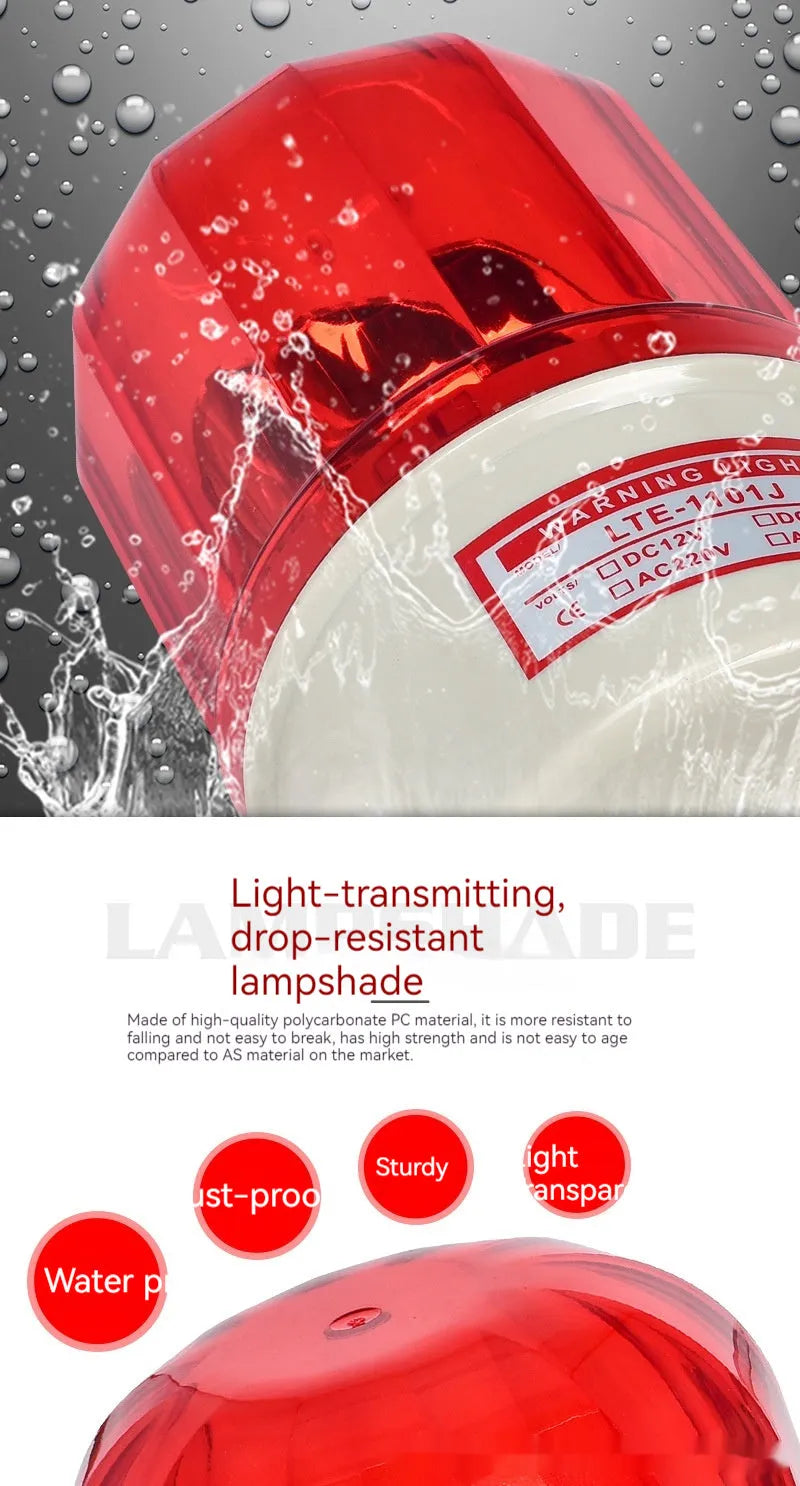 LTE-1101J industrial rotating strobe warning light with sound alarm, shown with red lens.