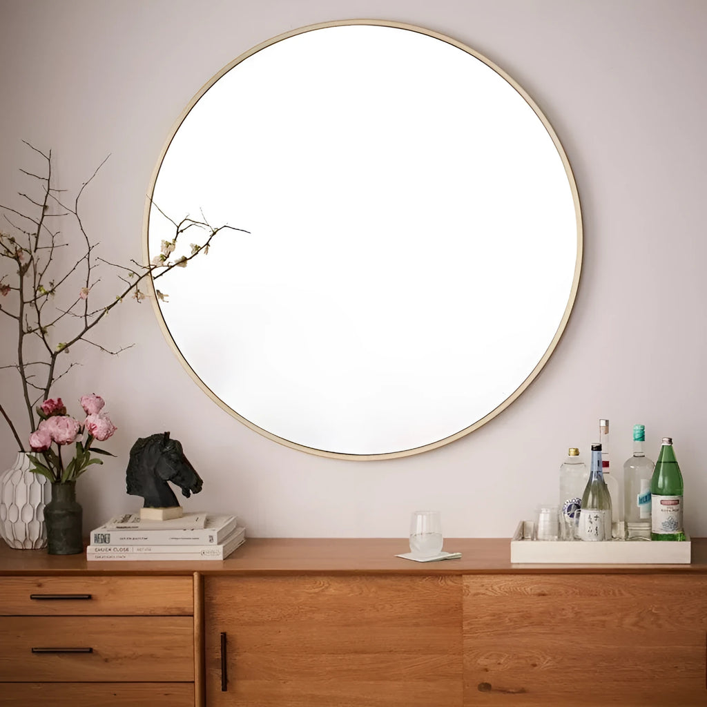 Round metal bathroom wall mirror in black, gold or white colours