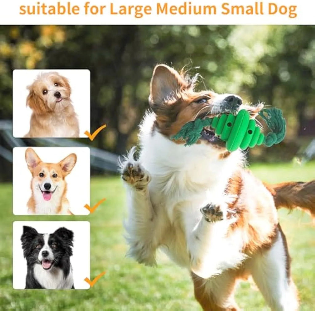 Green and yellow silicone dog ball with integrated rope, shown as a treat-dispensing and tug toy.