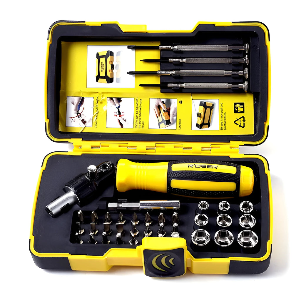 Yellow 39 in 1 combination ratchet screwdriver set in folding toolbox with steel bits and sleeves