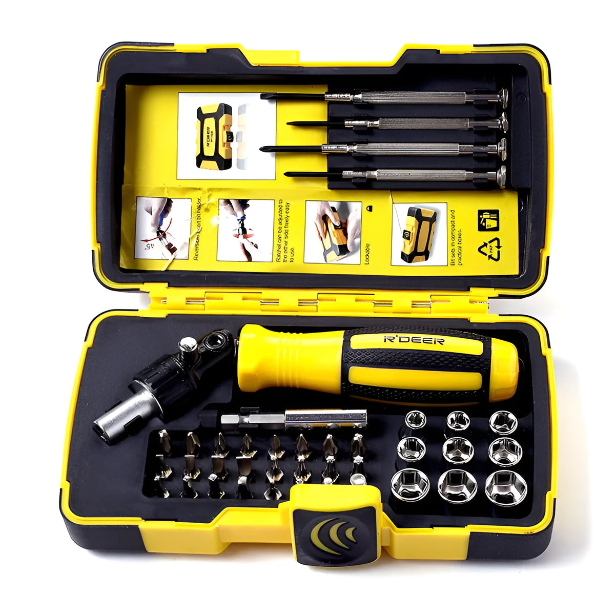 Yellow 39 in 1 combination ratchet screwdriver set in folding toolbox with steel bits and sleeves
