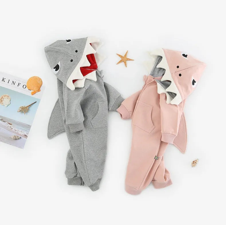 Children's cartoon shark hooded robe in gray, with zipper closure and long sleeves