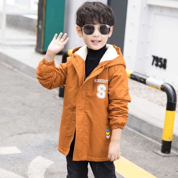 Children's winter jacket plus velvet lining casual windbreaker style for boys sizes 110-160cm