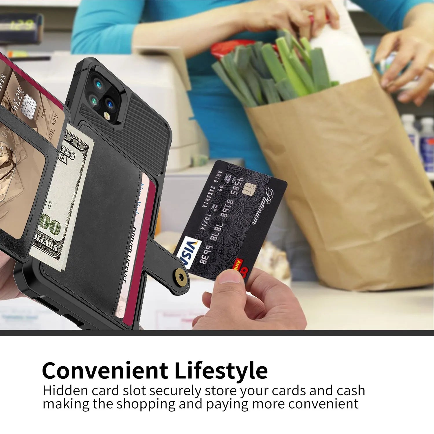 Imitation leather wallet phone case in solid colour with card slots for iPhone