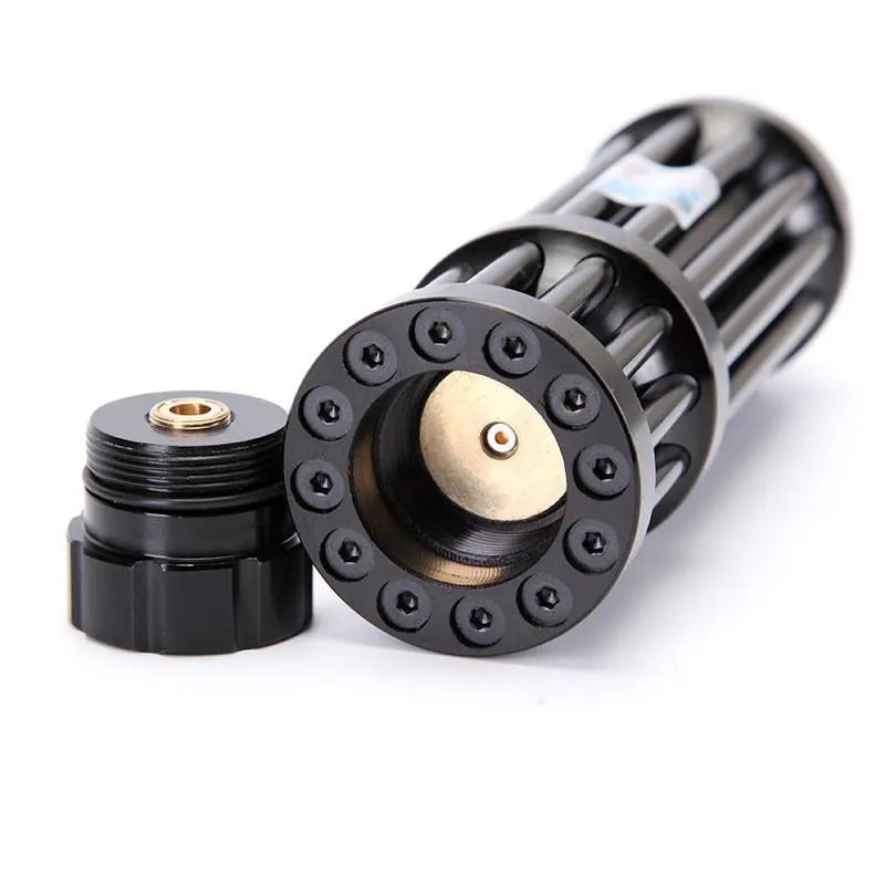 Black anodised aluminium tactical laser flashlight showing tail switch and 168mm length.