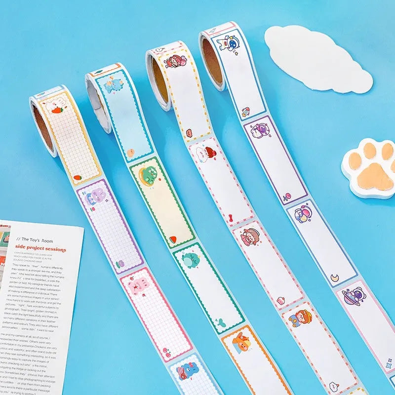Roll of cartoon name tape stickers showing dinosaur, astronaut, rabbit, and girl cute design themes.