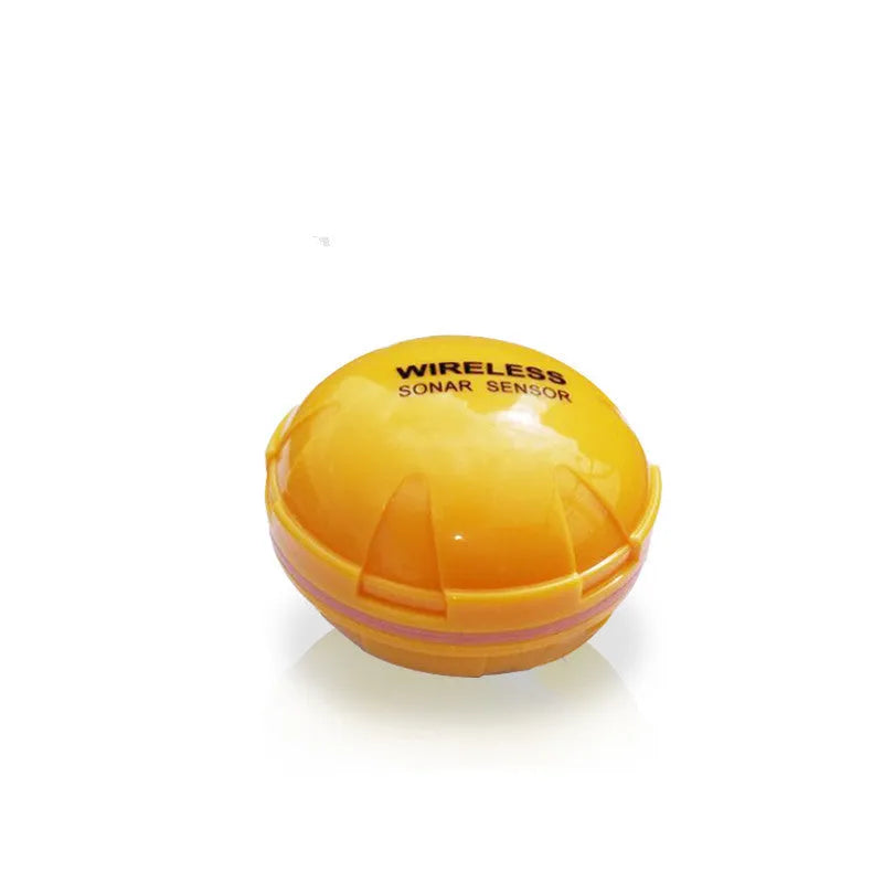 Yellow wireless sonar fish finder with 68x68x50cm dimensions, 125kHz frequency, and Bluetooth connectivity