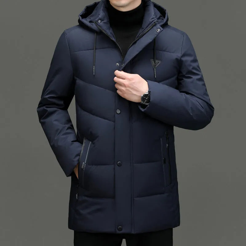 Men's extra thick down cotton-padded jacket in black, cardigan style with side pockets
