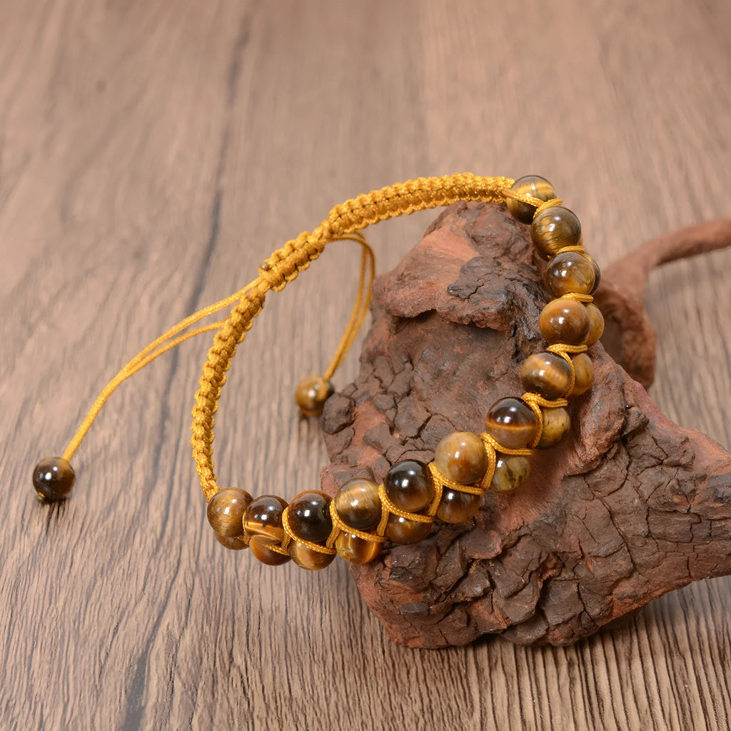 Tigereye hand-woven double layer bracelet with 6mm round beads and adjustable lanyard